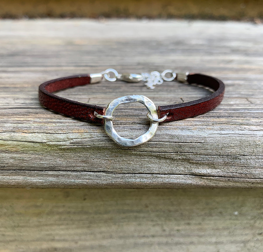 Licorice Leather Bracelet with Sterling Organic Ring
